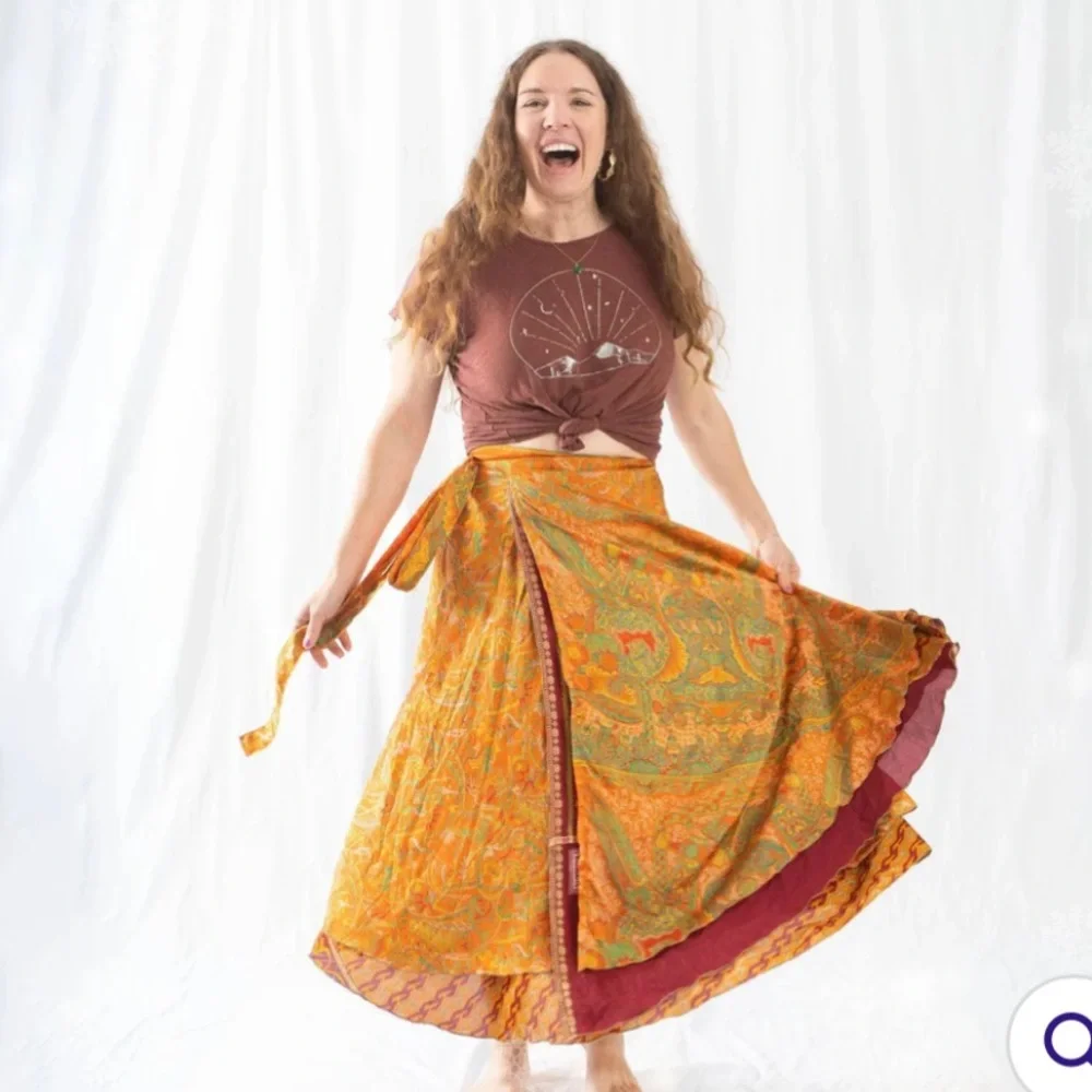Darn Good Silk Blend Floral‎ Reversible Sari Wrap Skirt In Tea Length NWT 2-12